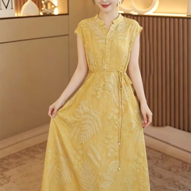 Lemon Sunset Yellow Long Dress, Summer Thin Style, Versatile New Q Fashion, Age-Reducing Waist-Cinching Dress, Casual and Flattering