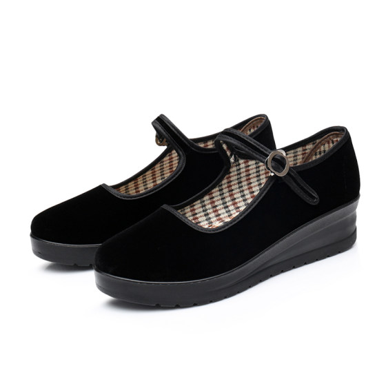 老北京布鞋中跟厚底女单鞋坡跟黑布鞋酒店工作鞋防滑舞蹈鞋礼仪鞋