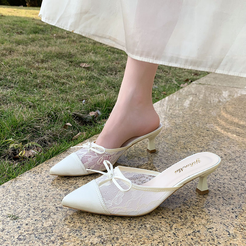 Cool and Gentle Vibe! Unique Mule Sandals with Lace, Pointed Toe, Bow, High Heels, Feminine Closed-Toe Half Slippers Cool and Gentle Vibe! Unique Mule Sandals with Lace, Pointed Toe, Bow, High Heels, Feminine Closed-Toe Half Slippers