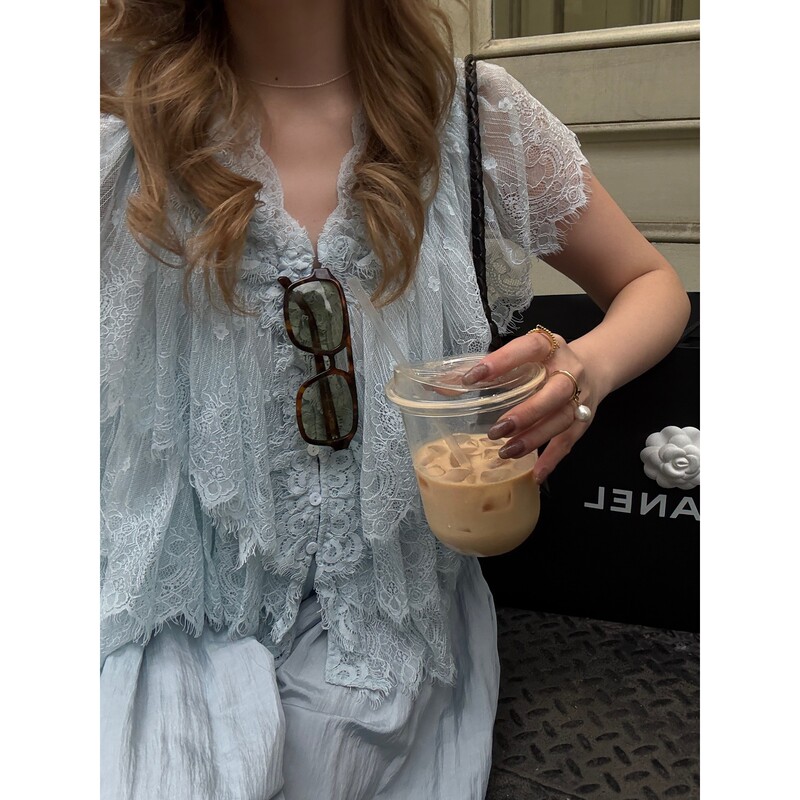 Xiaofei Fei Exclusive Original To*E Elegant Fairy-Like Heavy Lace Trim Patchwork Shirt Top