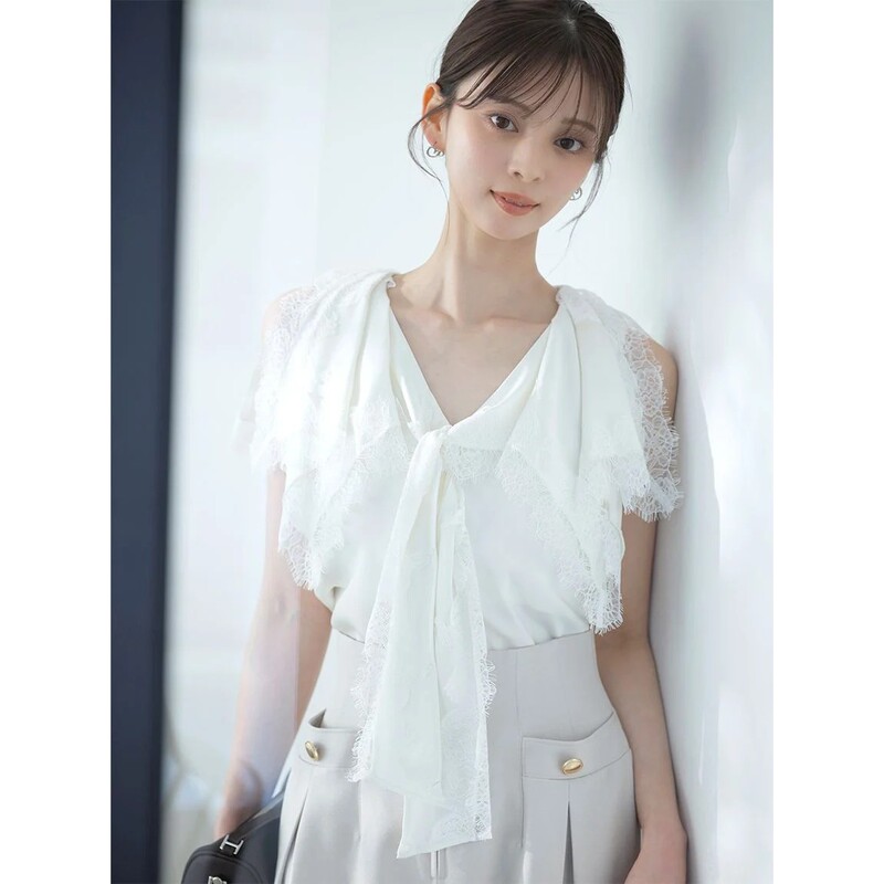 Xiaofei Fei Exclusive Former Boyfriend's Home Lace Patchwork Navy Collar Bow Glossy Satin Shirt Xiaofei Fei Exclusive Former Boyfriend's Home Lace Patchwork Navy Collar Bow Glossy Satin Shirt