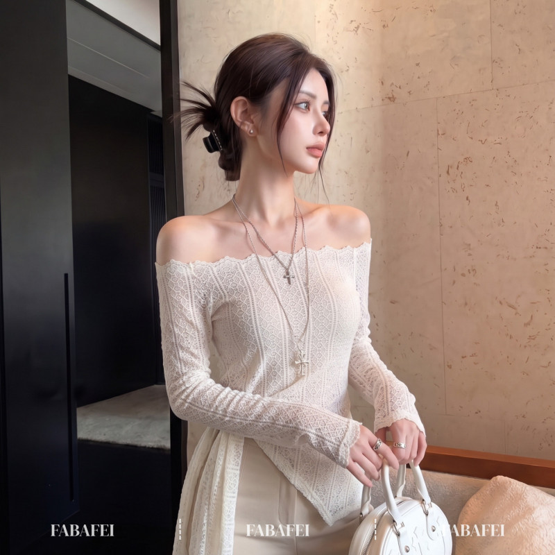 French-Style Off-Shoulder Lace Blouse for Women, New Autumn Design with Irregular Crochet, Waist-Tie, and Exposed Shoulders, Pure Desire Style Base Top