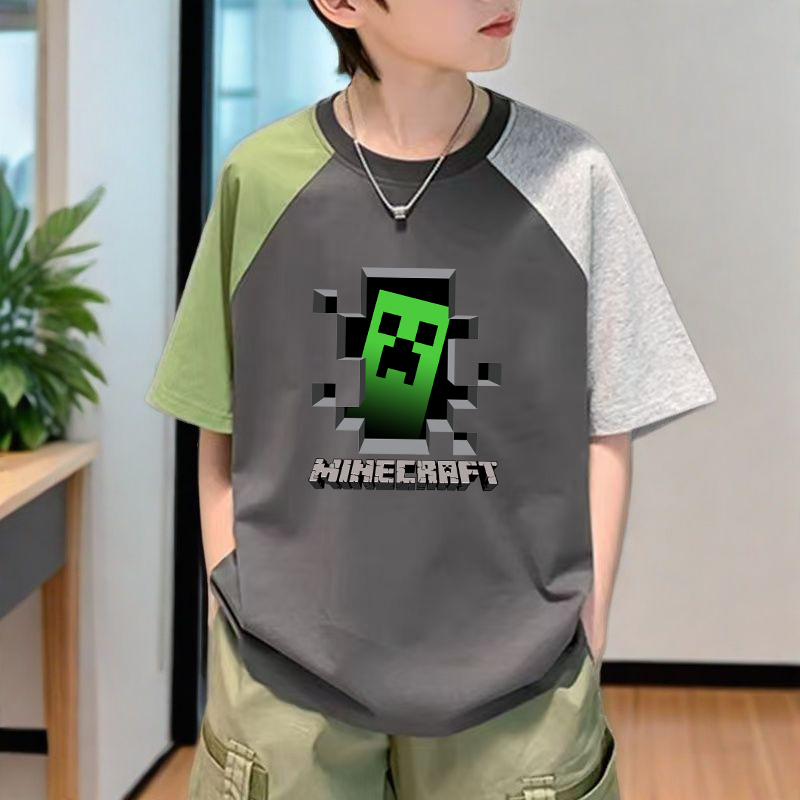 New Minecraft Merchandise Pure Cotton Short-Sleeve T-Shirt for Teenagers, Boys and Girls, Medium and Large Children's Clothing