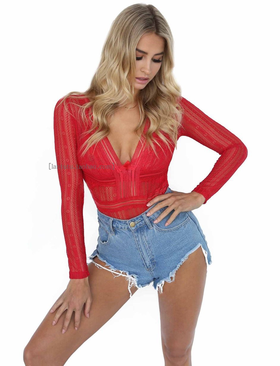 Mùa xuân và mùa hè mới màu rắn dài tay cổ chữ V sâu họa tiết rỗng khâu áo sơ mi jumpsuit ren ren gợi cảm đồ lót một mảnh siêu mỏng