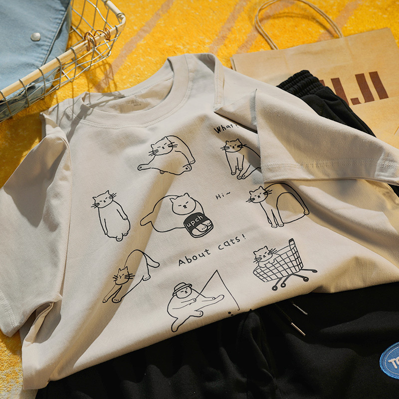 Inhale the Scent of a Cat to Relieve a Day's Worth of Fatigue Casual Printed Pure Cotton Loose-Fitting Japanese Style Short-Sleeved T-Shirt for Men and Women