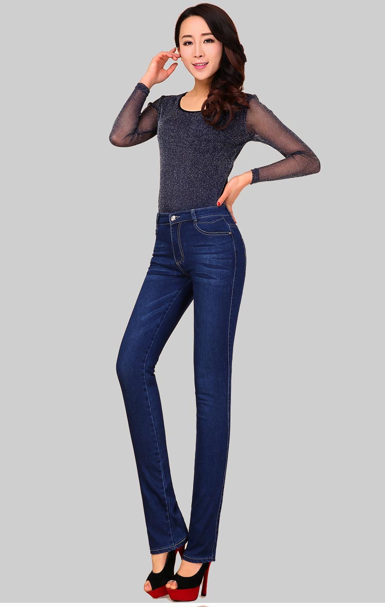 Mùa đông 2018 cộng với quần jean nhung dày cạp cao eo nữ cỡ lớn trung tính màu xanh đậm co giãn Slim nhỏ thẳng thoi trang cong so