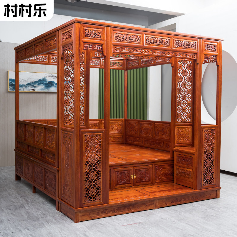 真木中式雕花复古典红花梨仿古代家具:宫廷实木床,如何成为现代家居中的艺术品?-拔步床-淘宝百科网