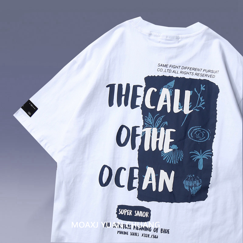 MOAXJ original tide brand ocean wave sound summer print short-sleeved T-shirt loose ins couple half-sleeved men and women