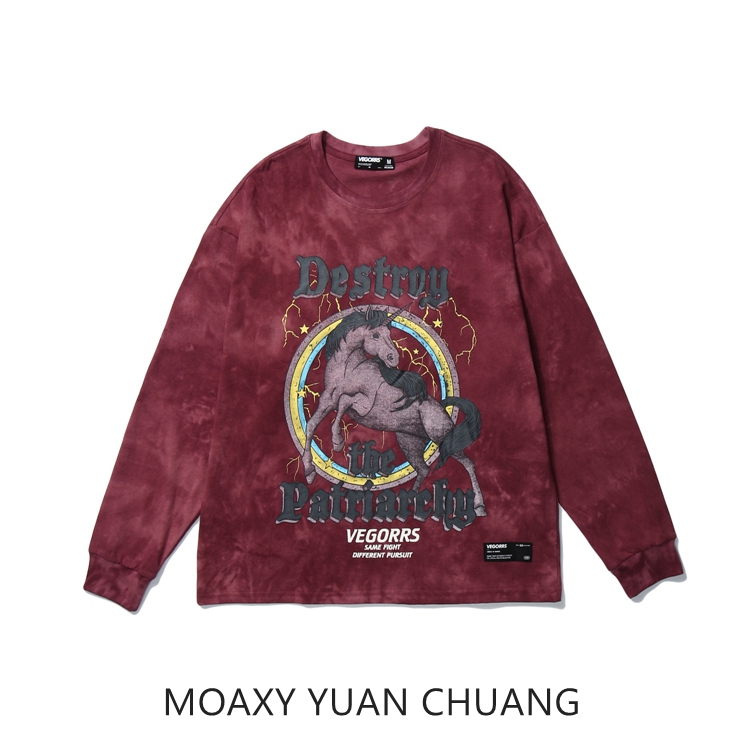 MOAXJ Original Chains Fun Guochao Pure Cotton Big Code Port Taste Graffiti Relaxation Male And Female Vee Long Sleeve T-shirt 