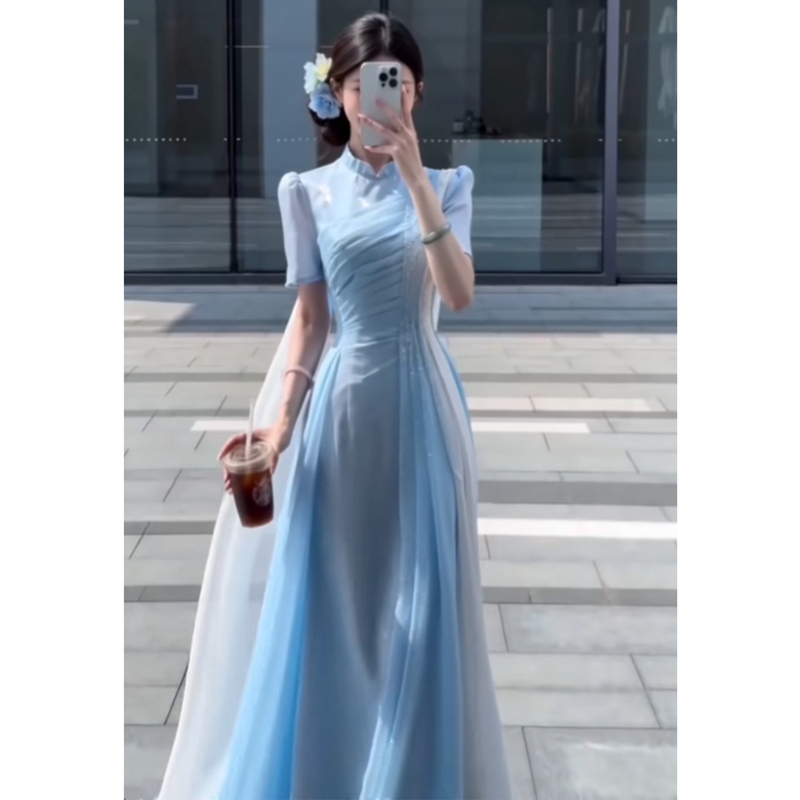 Blue High-End Host Gown 2026 New Model for Annual Meeting, Heavy-Duty Craftsmanship, New Chinese Style Guzheng Performance Outfit Blue High-End Host Gown 2026 New Model for Annual Meeting, Heavy-Duty Craftsmanship, New Chinese Style Guzheng Performance Outfit