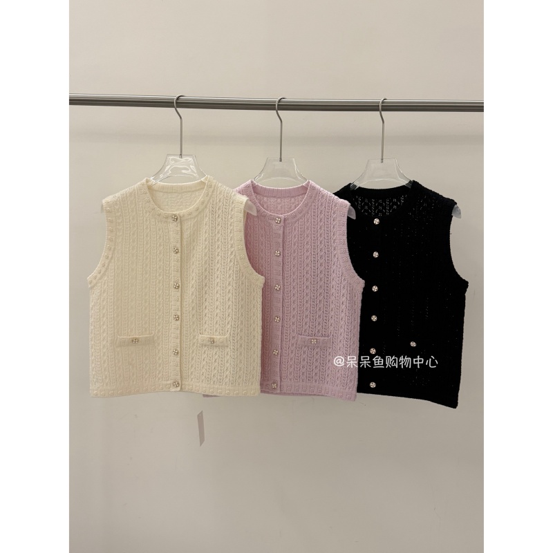 Chanel-Style 3D Hollow-Out Camellia Wool Blend Layered Vest Knitted Sleeveless Outerwear for Women