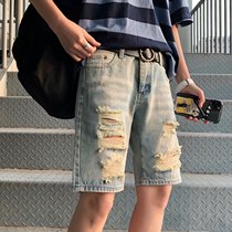 Hole-Breaking Denim Shorts Male 70% Straight cylinder loose elastic Summer thin section Five 7 Casual Mid Pants Mans Pants Male Tide
