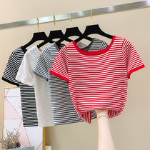 Striped short sleeve t-shirt womens 2021 New Korean version of round neck Joker slim short knitted top summer thin