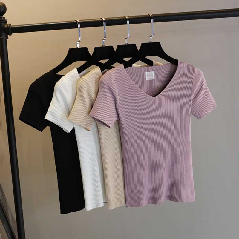 2022 Summer Short Sleeve Knit T-shirt Woman Short V collar Korean version Slim Fit Thin Ice Silk Knit Cardiovert Blouse