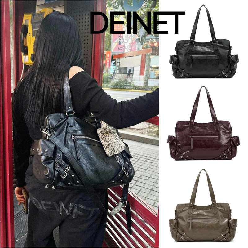 In-Stock Genuine Deinet Large-Capacity Motorcycle Bag, Large Tote Bag with Rivets, Handbag, Shoulder Bag, Underarm Bag, Crossbody Bag