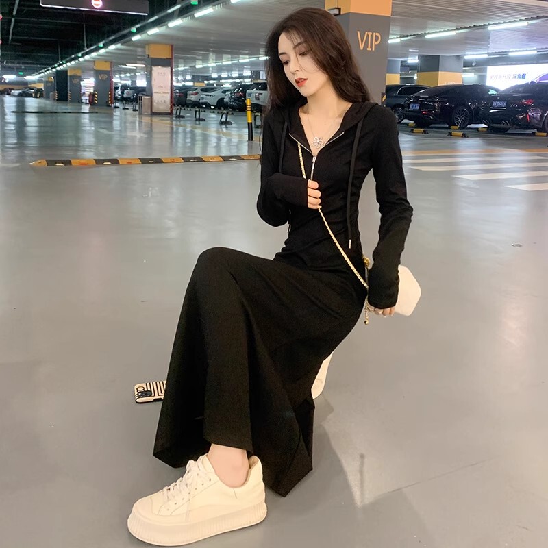 Black Long-Sleeved Dress for Women, Spring and Autumn 2026 Hot Style, Slim Fit, Super Popular Casual Hooded Sweatshirt Dress Black Long-Sleeved Dress for Women, Spring and Autumn 2026 Hot Style, Slim Fit, Super Popular Casual Hooded Sweatshirt Dress