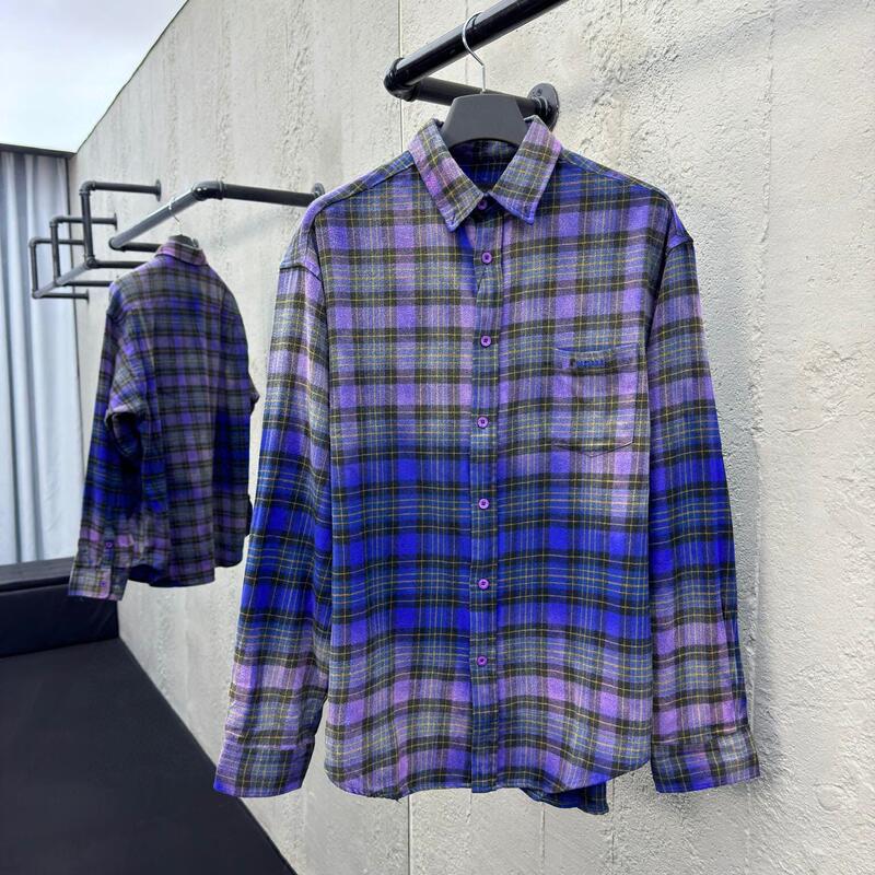 Top Version! Paris Violet Gradient Shirt for Men and Women, Autumn and Winter, Loose Fit, Washed and Distressed, Polo Long-Sleeve Couple Shirt