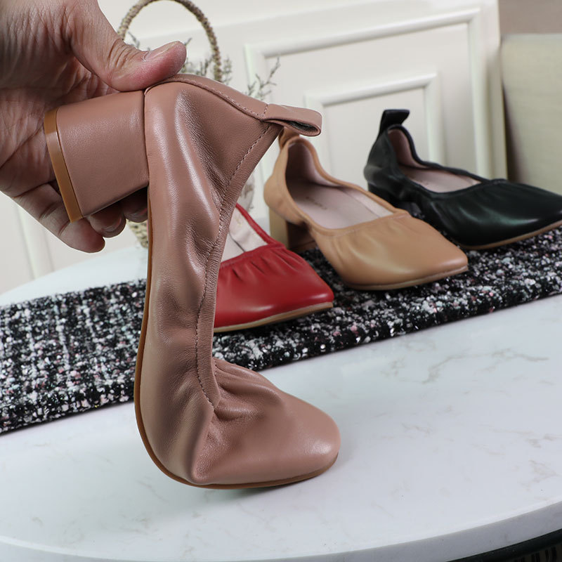 Soft-leather Grandma Shoes Spring and Summer Commuted Rough Fold Female Single Shoes retro-size code real leather shallow head heel