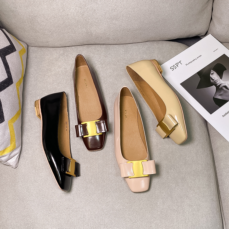 Craftsman custom soft leather bow bag shoes women's leather flat bottom square head retro wild fairy shallow mouth grandma shoes