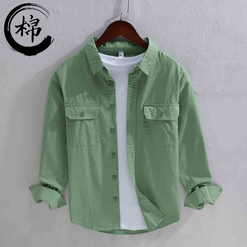 100% Pure Cotton Casual Shirt for Men, Long-Sleeve, Trendy, Loose Fit, Solid Color, Versatile, Double Pocket Work Shirt Jacket