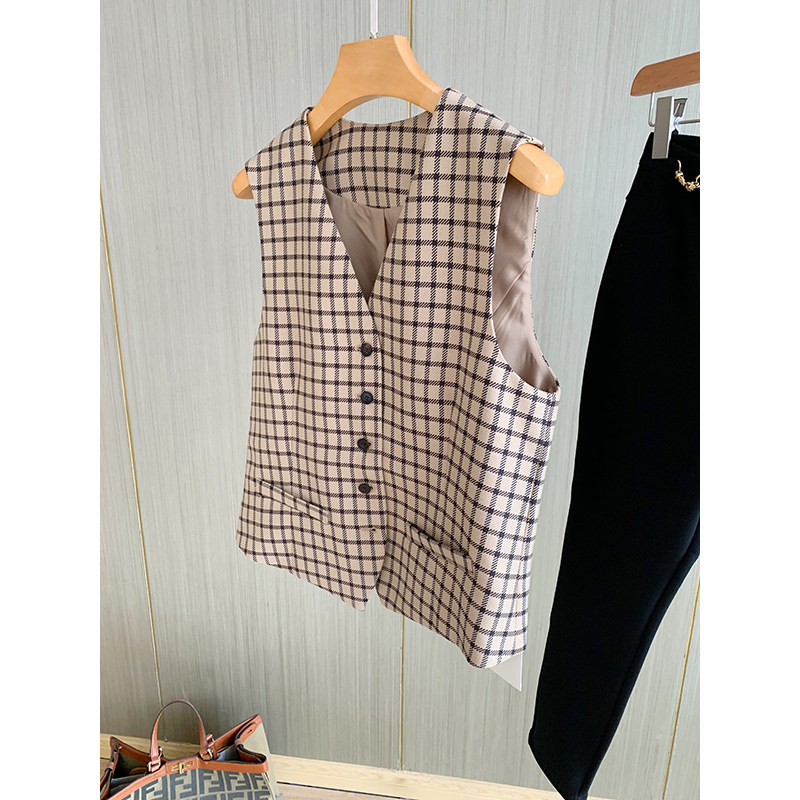 (Flush without backchanging) Classic plaid design ~ V collar 100 hitch a short lady waistcoat for a waistcoat