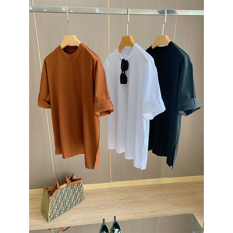 High support horse cotton pure color boutique T ~ simple and clean and good lap to swing open fork round collar lady short sleeve T-shirt summer