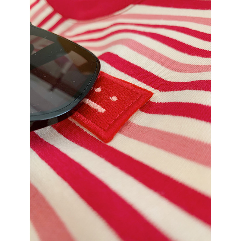 Explosive style turn over single Swedish niche~smiley face standard pinstripe contrast color T-shirt women's cotton short-sleeved top 2022 spring and summer