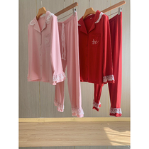 Sweet and cute cotton lace letter embroidery polished pajamas set casual fashionable home wear Women