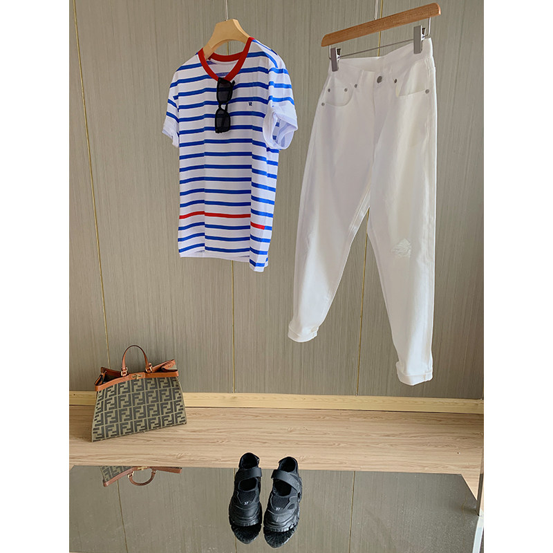 Summer Color Reduction Series ~ Classic Blue White Horizontal Striped Letter Round Collar Short Sleeve Loose T-Shirt Woman Summer