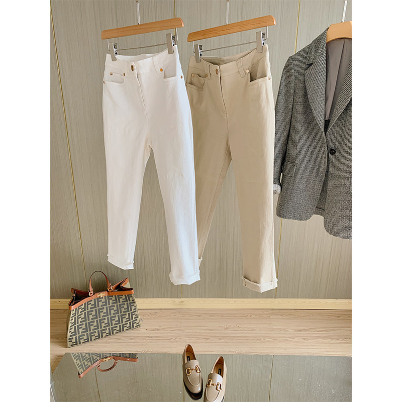 The rate of return is high~ Comfortable washed cotton elastic raw edge trousers slim nine points casual jeans women's early autumn