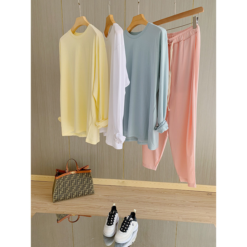 Reduced Age Fashion 100 Lap Collar Easy to hit bottom long sleeve thin Pure Color T-shirt Woman 2021 Early Spring New Peach