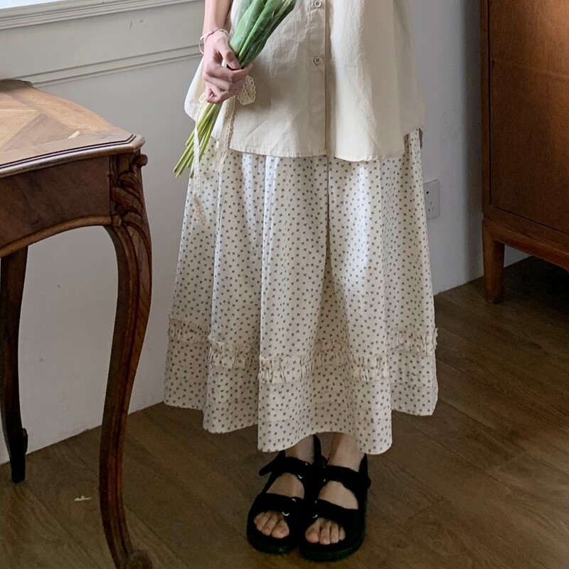 Branch small buds 2022 summer new Japanese women's sweet a-shaped mid-length skirt pure cotton floral skirt