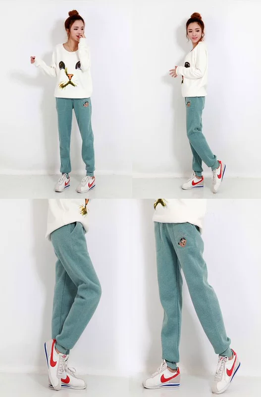 Mùa thu mỏng thêu mùa đông dày cộng với nhung cừu cashmere cộng với nhung ấm áp quần rộng giản dị quần cotton nữ kích thước lớn