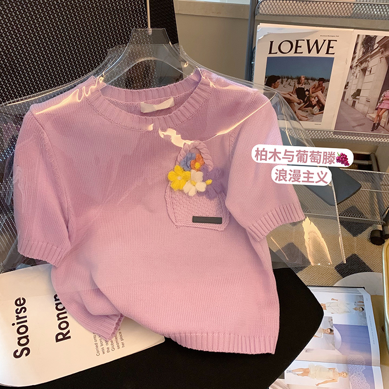 Purple Hook Flower Knit Short Sleeve Woman 2022 Summer new small crowddesign Sweet Stitch Cardigan t-shirt T-Shirts