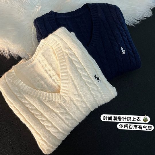 日系复古v领麻花毛衣女秋冬宽松外穿慵懒软糯春秋打底针织衫短款
