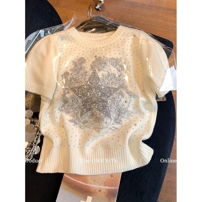 Heavy-Duty Rhinestone Five-Pointed Star Round Neck Short-Sleeve Knit Top for Women, 2026 Autumn and Winter New Fashion Versatile Stylish Short Top