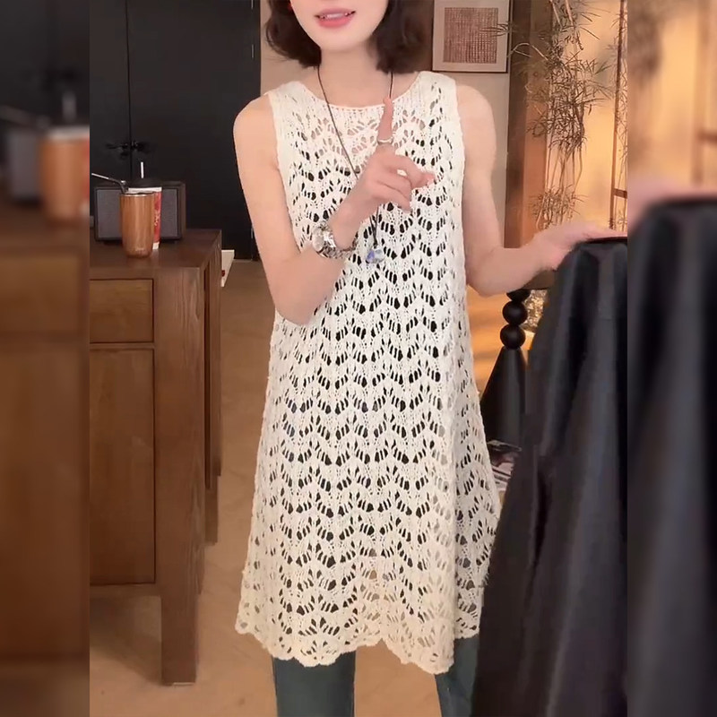 Mid-Length Crochet Hollow-Out Knit Vest Dress for Women, 2026 Spring and Summer New Style, Elegant Layered Sleeveless Top