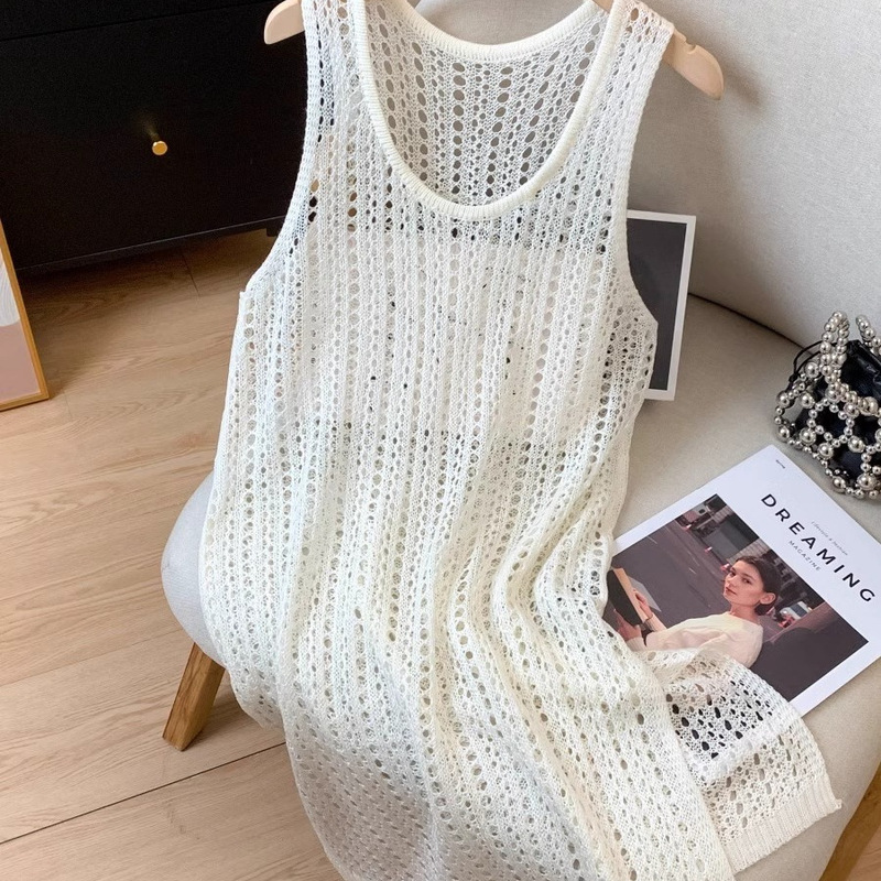 Korean Style Cut Out Knitted Sleeveless Dress for Women in Summer, Loose and Slim, Side Slit, Layered Vest Dress, Blouse Top