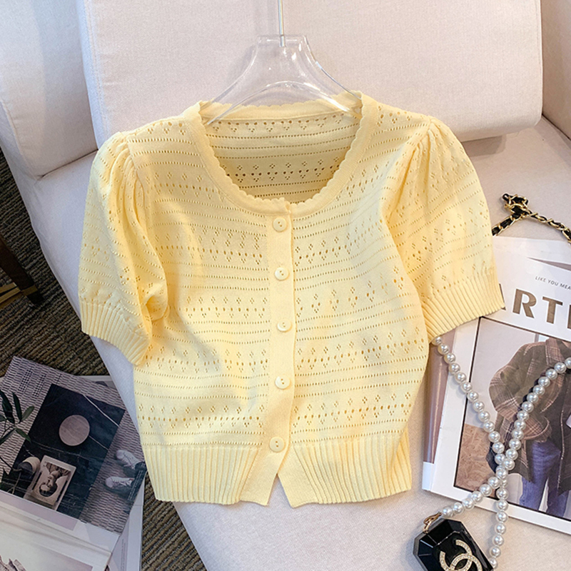 Summer French Style Versatile Short-Sleeve T-Shirt for Women, Korean Style Hollow-Out Thin Short Knit Top