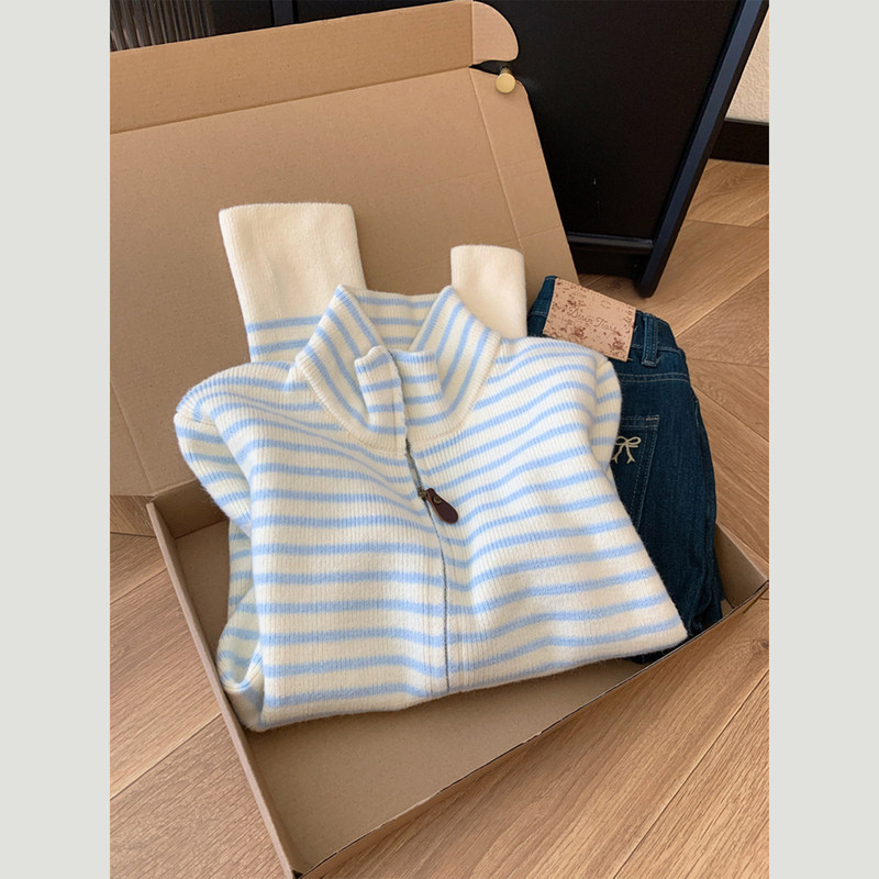 Blue Striped Turtleneck Knitted Cardigan Sweater Jacket for Women, Short Style, Can Be Worn as Outerwear or Inner Layer