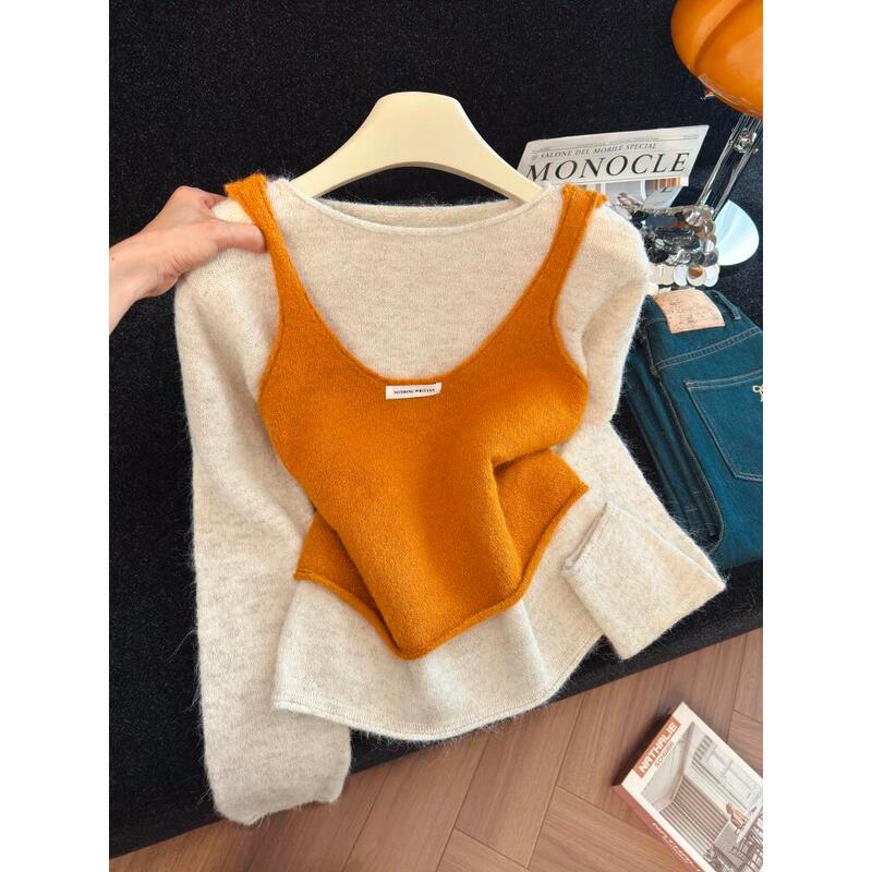 2026 Autumn New Korean Style Long Sleeve Knitwear Women's Loose Slimming Vest Sweater Layered Two-Piece Set 2026 Autumn New Korean Style Long Sleeve Knitwear Women's Loose Slimming Vest Sweater Layered Two-Piece Set