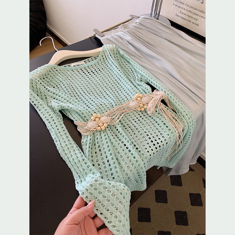 Spring and Autumn Design Niche Fashion Women's Sun-Protective Long-Sleeved Knitted Hollow-Out Cover-Up Shirt, Lazy Style Mint Mambo Green Top