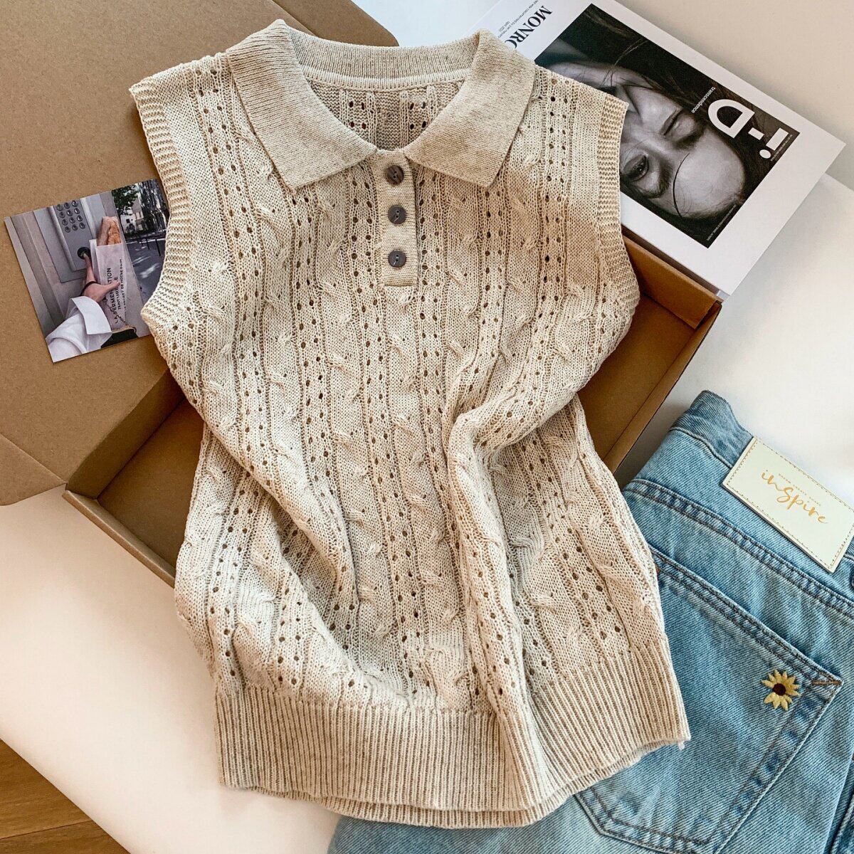 法式气质时尚甜美风翻领纽扣无袖针织背心女短款百搭上衣T恤打底