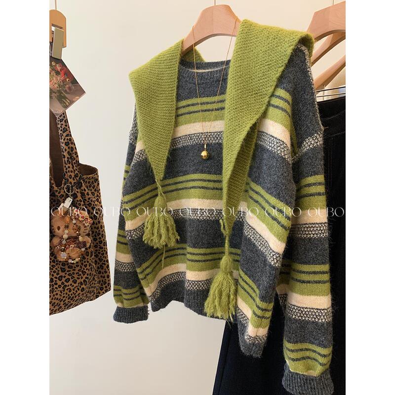 Vintage Green Striped Pullover Knit Sweater with Shawl, Suitable for Women, Can Be Worn as Outerwear or as an Inner Layer, Stylish Top for Petite Women
