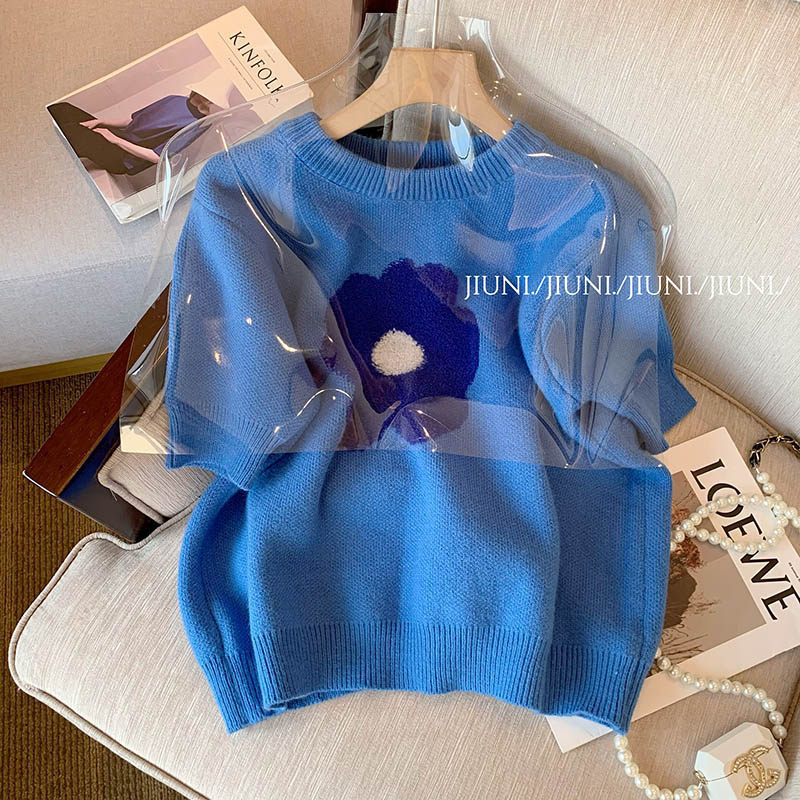 This Year's Popular Klein Blue Floral Puff Sleeve Knitted Short-Sleeve Women's T-Shirt Is a New, Stunning, Unique and Exquisite Top