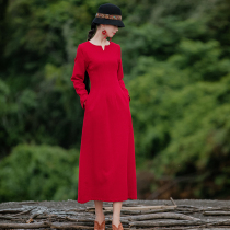 (The second piece of 1 yuan) Ying Rui Yan National style cotton linen dress autumn and winter womens wear thin temperament long skirt