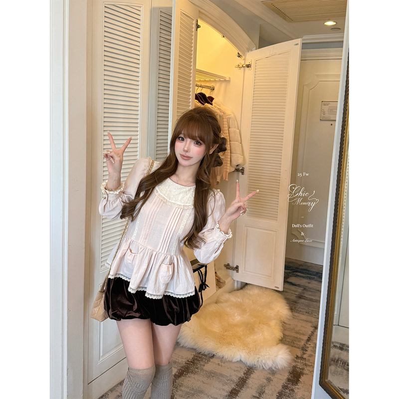 Chic Me Annie's Journal Cotton Embroidered Lapel Doll Shirt with Heavy Lace Trim French-Style Top