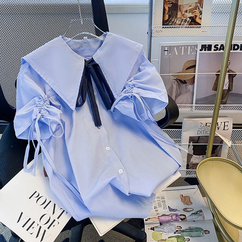 Blue Short-Sleeved Shirt for Women, New Loose-Fitting Summer Shirt with Pleated Design, Niche Doll Collar, Mid-Length Jk Top Blue Short-Sleeved Shirt for Women, New Loose-Fitting Summer Shirt with Pleated Design, Niche Doll Collar, Mid-Length Jk Top