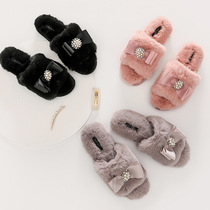 Autumn Winter Warm Slippers Female noble woman Versailles Fame fine Water drilling fluff Toes Non-slip Indoor Cotton Tug