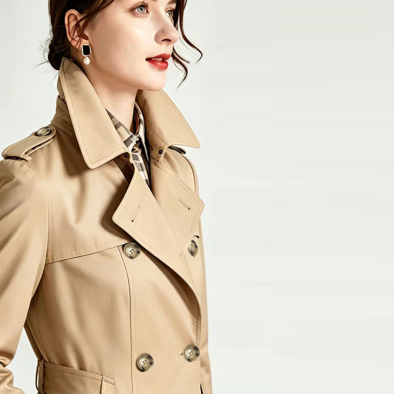 Ji Choo's Same Style B-Brand British-Style Double-Breasted Trench Coat for Women, Mid-Length, Waist-Cinching, Slimming, Turn-Down Collar, Khaki Color Ji Choo's Same Style B-Brand British-Style Double-Breasted Trench Coat for Women, Mid-Length, Waist-Cinching, Slimming, Turn-Down Collar, Khaki Color